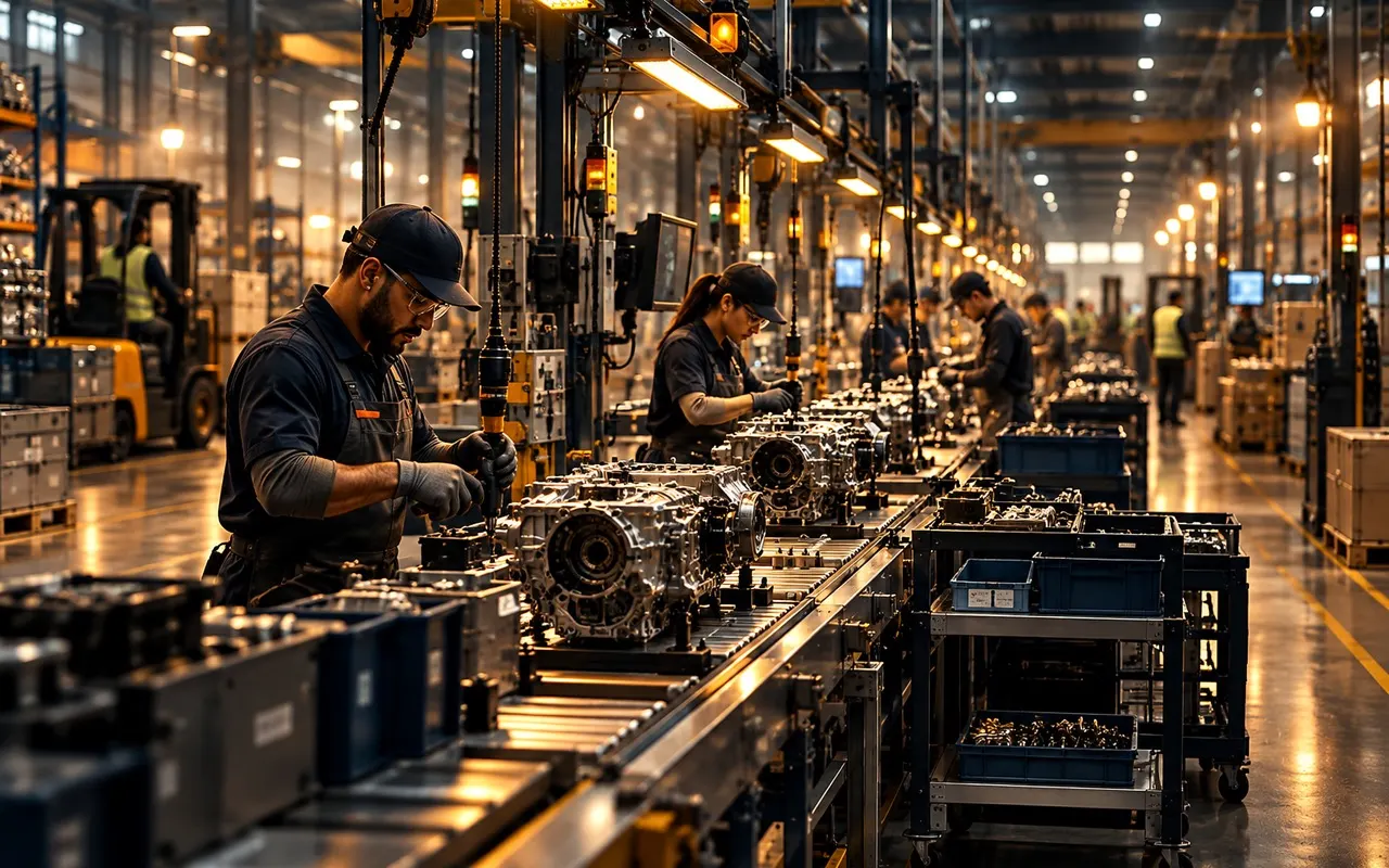 Operators assembling units on a production line supplied from line-side bins and carts
