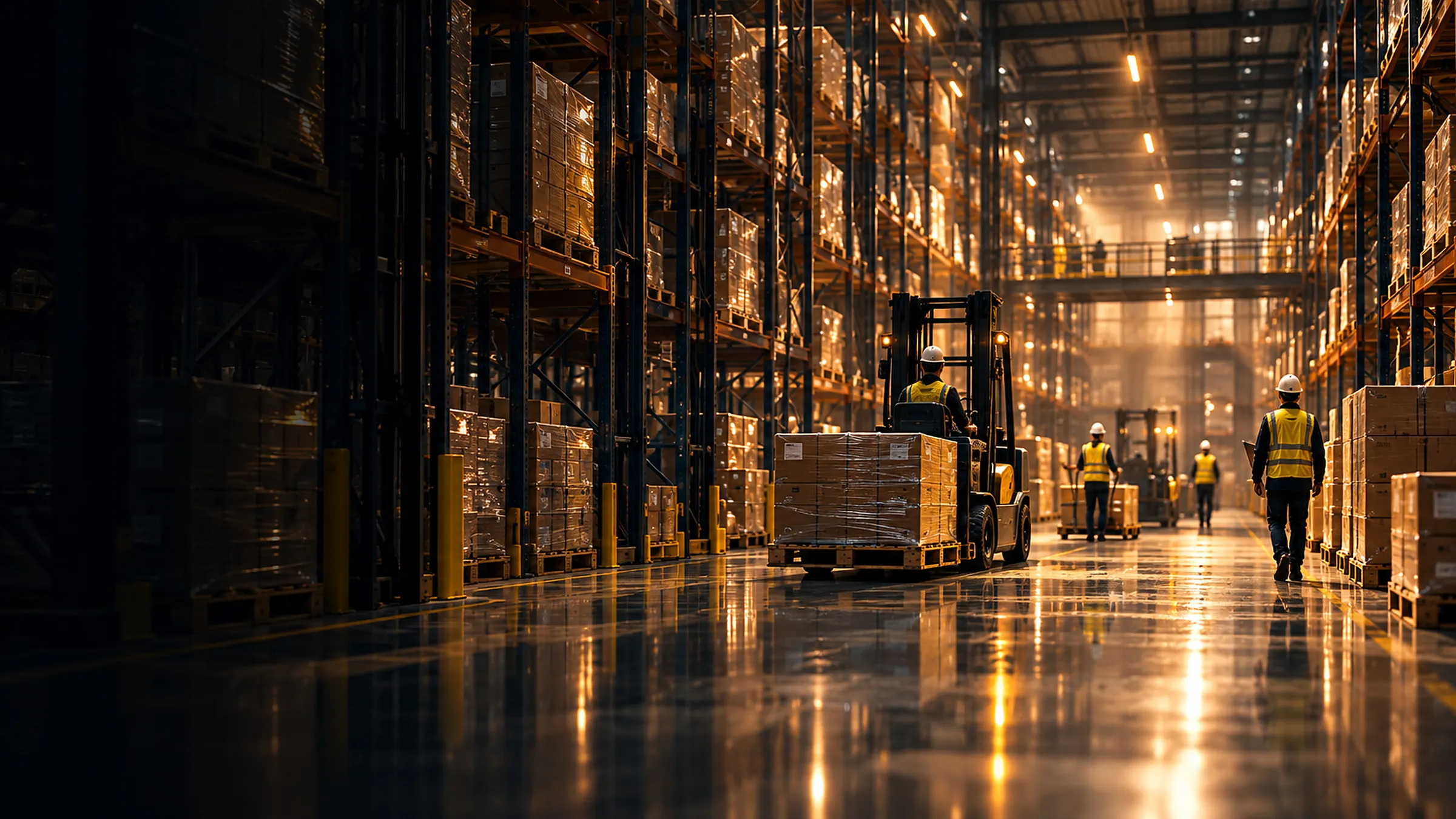 Forklift moving a wrapped pallet down a high-bay warehouse aisle lined with pallet racking