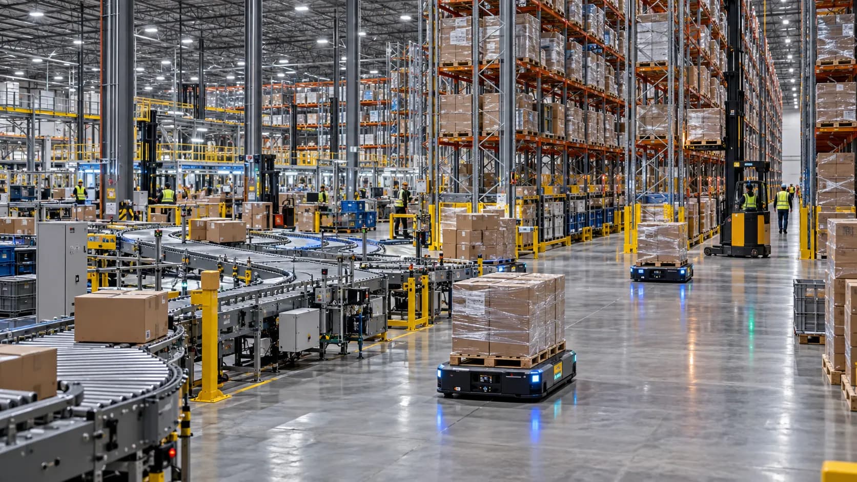 Automated warehouse with conveyors, mobile robots and high-bay racking