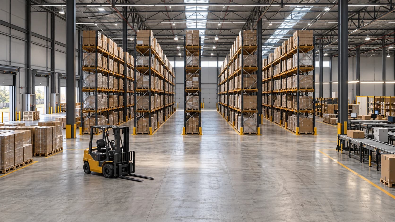 AI-generated architectural warehouse render with selective pallet racks, loaded pallets, clear aisles, a parked forklift and packing conveyors.