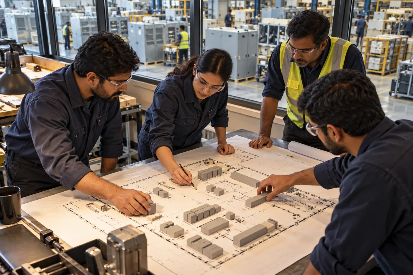 Engineers and supervisors planning a warehouse layout around a scale model on the shop floor