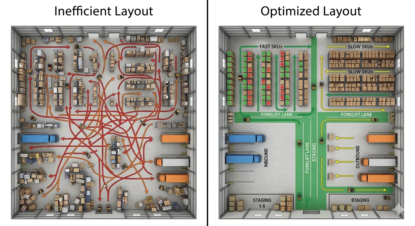 Comparison of inefficient and optimized warehouse layout