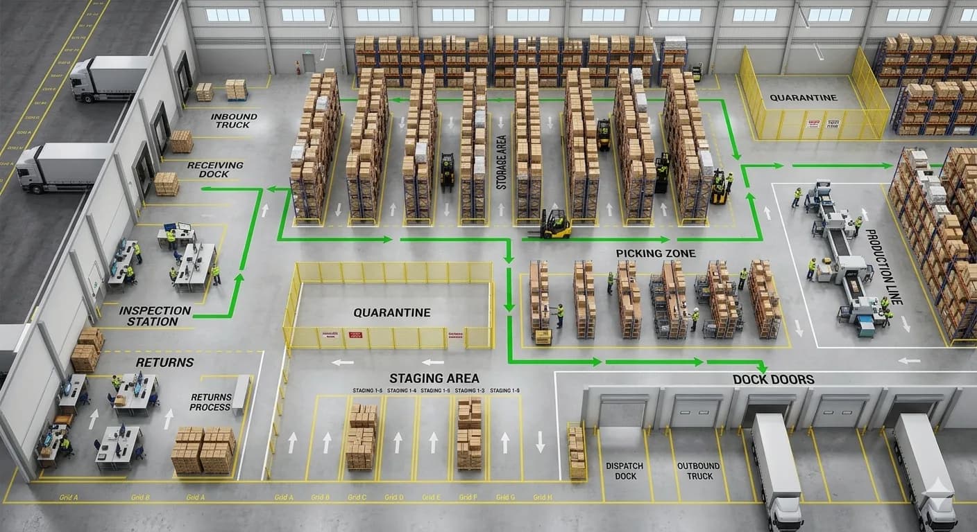 Warehouse functional zones and material flow