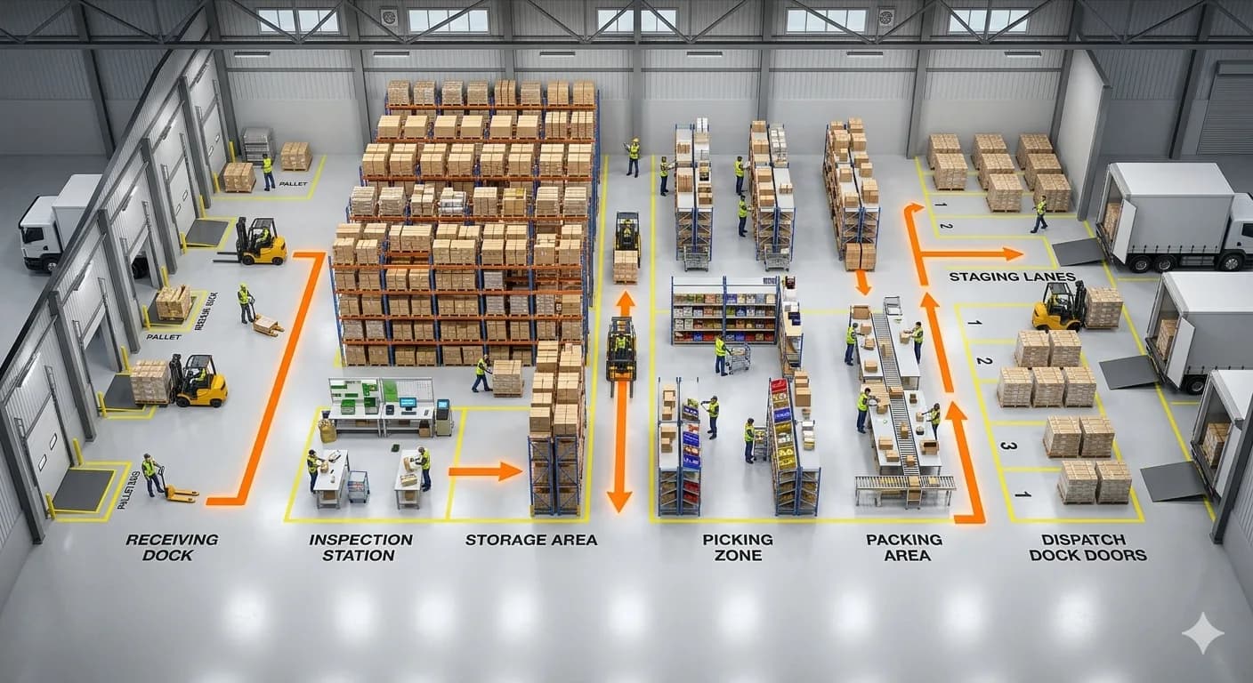 Warehouse layout design showing storage and material flow
