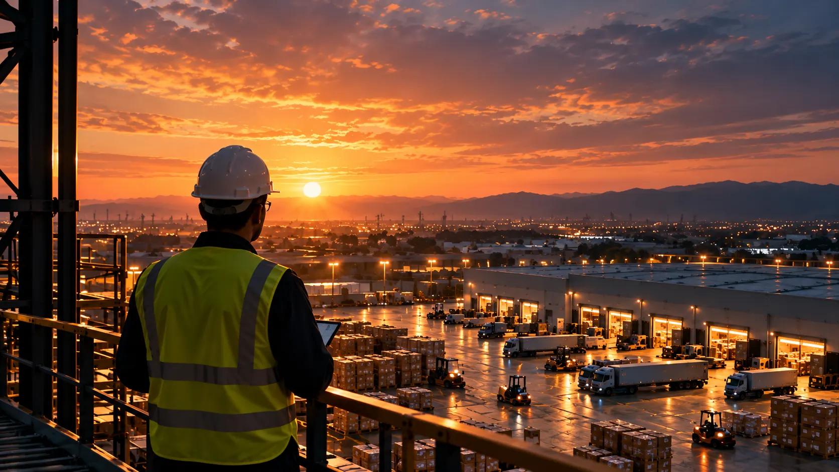 Engineer in a hi-vis vest overlooking a logistics yard and warehouses at sunset