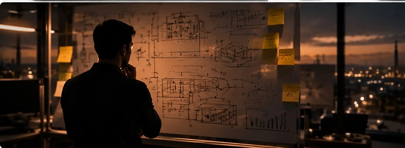 Engineer reviewing process sketches and layout drawings on a whiteboard