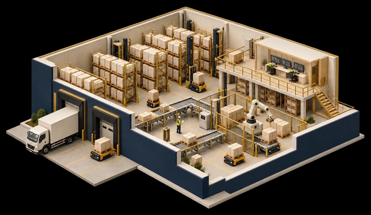 Warehouse automation model with mobile robots, conveyors, storage and a robotic cell