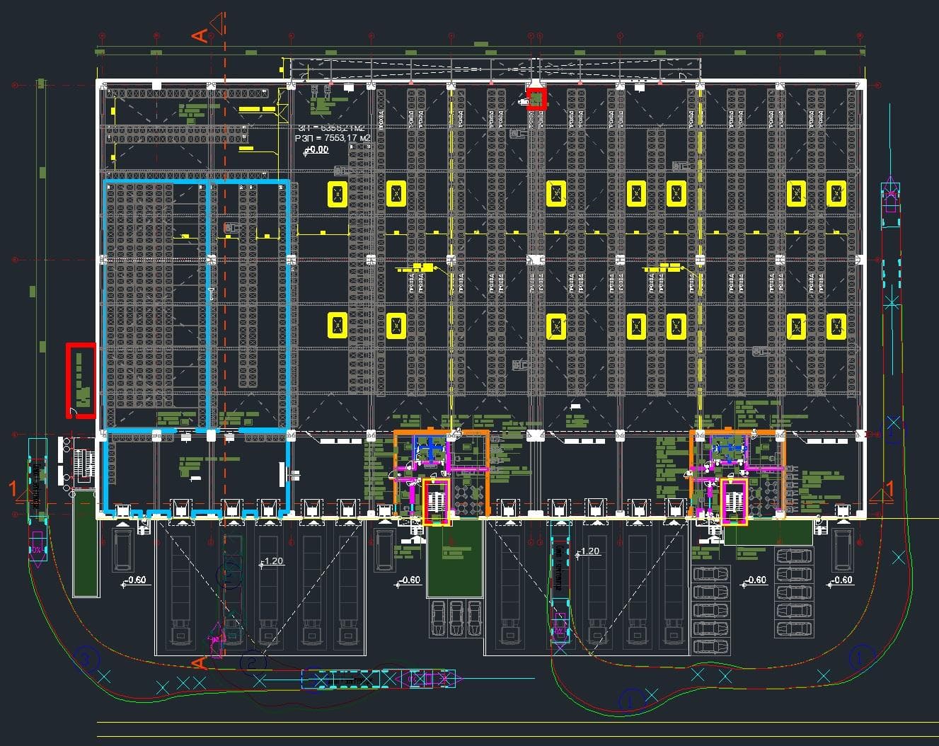 Technical CAD warehouse plan showing racking, aisles and dock interfaces